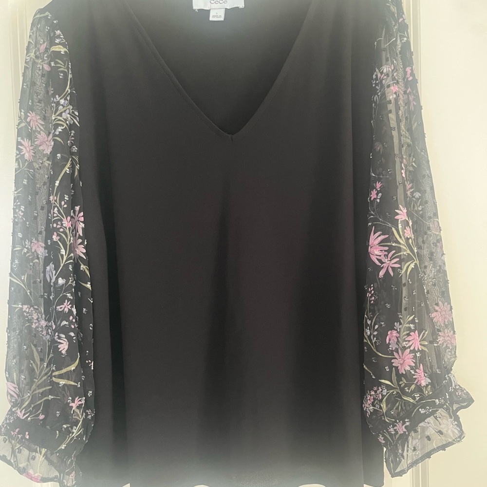CeCe Black Top with Floral Sheer Sleeves
